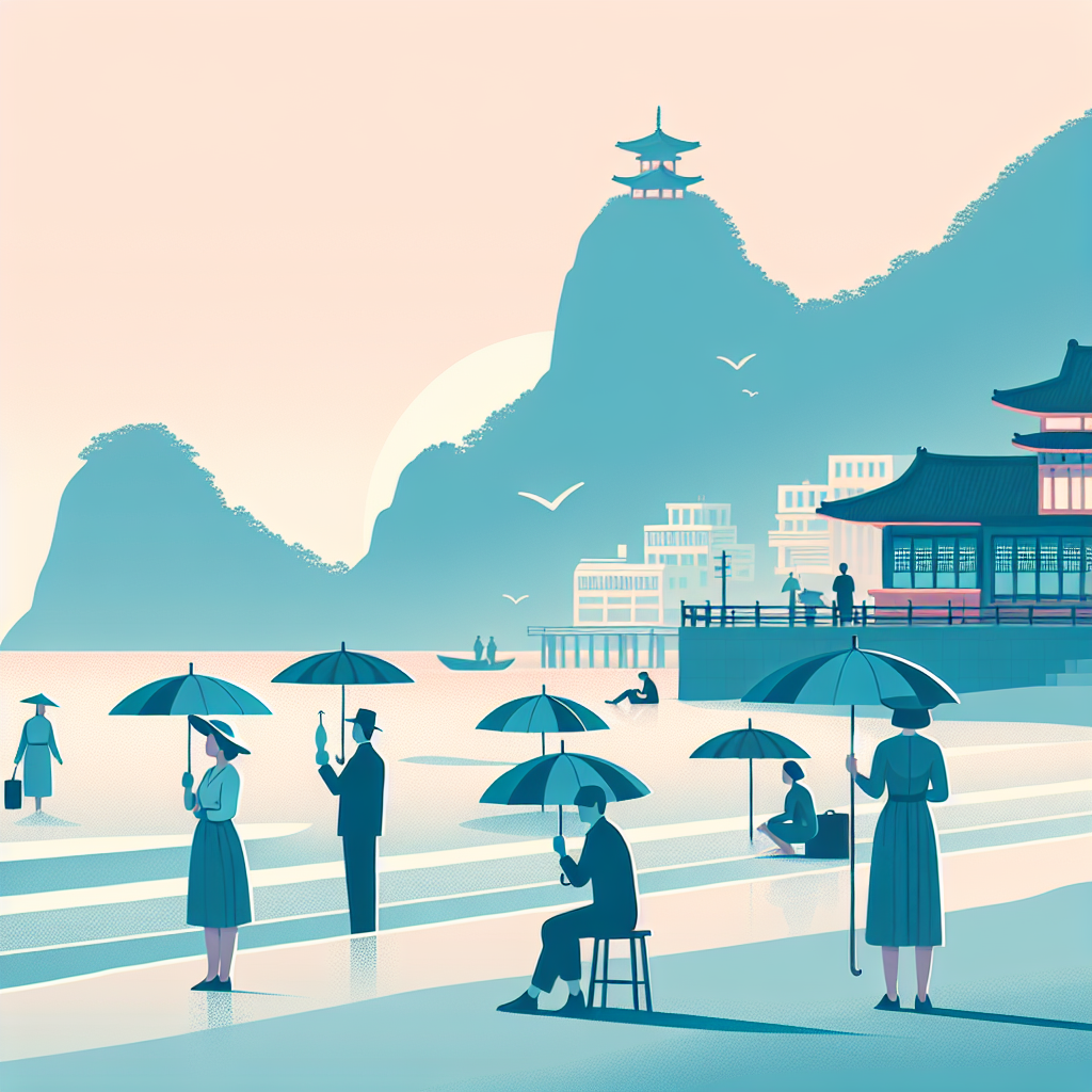 여수 해안에서 양산 사용하는 모습